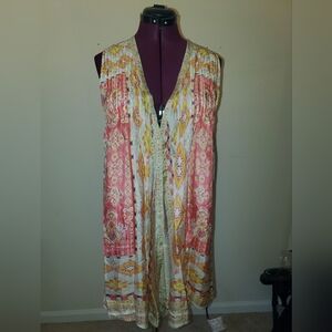 Johnny Was 100% Silk Boho Pink & Yellow Printed Sleeveless Tunic Top Sz S